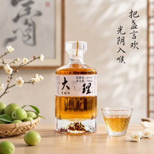 [单张主图] 大理青梅酒精修电商主图，高级氛围感新中式风格。
[画面主体] 单瓶大理青梅酒居中放置，保持酒瓶上的所有字体（大字"大理"、小字"青梅酒"、酒精度8%vol、净含量500mL）完全清晰，产预览效果