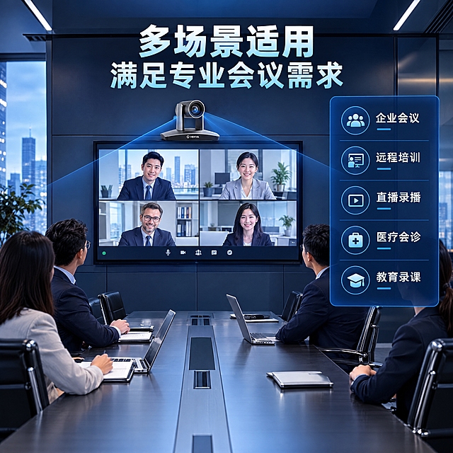 京东电商详情页第5张（场景应用-会议室），1:1正方形，黑色+深蓝色商务风格，不要红色。画面展示现代化会议室场景，长桌、会议椅、显示屏，银灰色高清会议摄像机HW-CAM200（保留原图造型）放置在显示屏上方或会议桌上，正在拍摄会议场景。画面右侧有半透明深蓝色信息卡，列出适用场景："企业会议"、"远程培训"、"直播录播"、"医疗会诊"、"教育录课"。标题："多场景适用 满足专业会议需求"。整体氛围专业、现代、商务。产品清晰可辨，场景真实感强。4K超清，无水印，无红色元素。