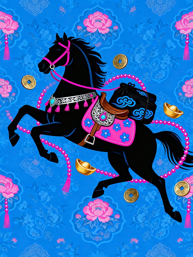 国潮插画风，黑骏马配粉红鞍饰，鎏金元宝与铜钱环绕，浮雕质感背景点缀牡丹，喜庆中式民族风迎新春。