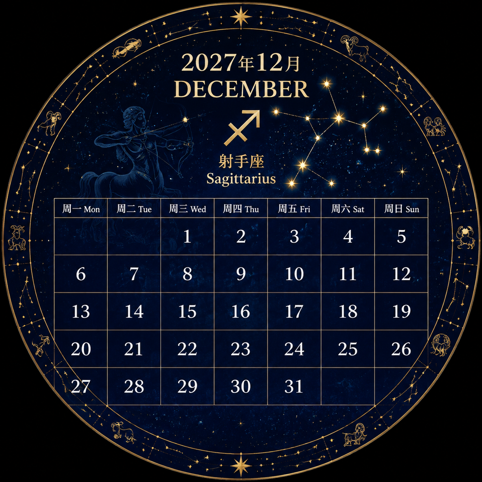 2027年12月圆形星座日历，正圆形构图，深蓝星空背景带金色星… - 图片创意预览