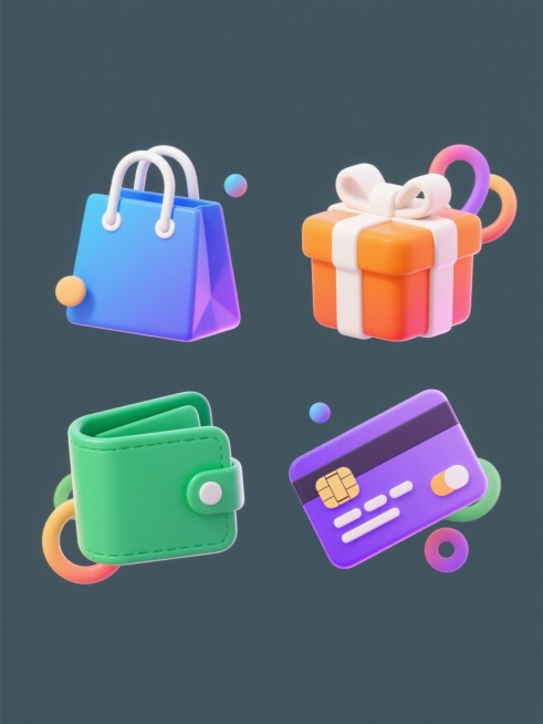 一组四个不同元素的3D立体图标集合，每个图标都具有光滑圆润的边缘、渐变色彩和微妙的高光阴影效果，保持统一的低多边形简约风格。第一个图标是蓝色渐变的购物袋，带有白色圆形提手孔；第二个是橙色渐变的礼盒，带有白色丝带；第三个是绿色渐变的钱包，带有折叠细节；第四个是紫色渐变的信用卡，带有芯片和磁条细节。所有图标均位于纯色背景上，呈2x2网格规整排布，每个图标周围点缀着少量彩色曲线和圆形装饰元素，整体画……预览效果