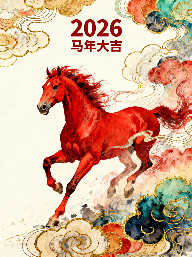 工笔风与水彩风融合，红马腾云跃动，鎏金祥云环绕，国潮古典韵味十足，喜庆梦幻，贺2026马年大吉。