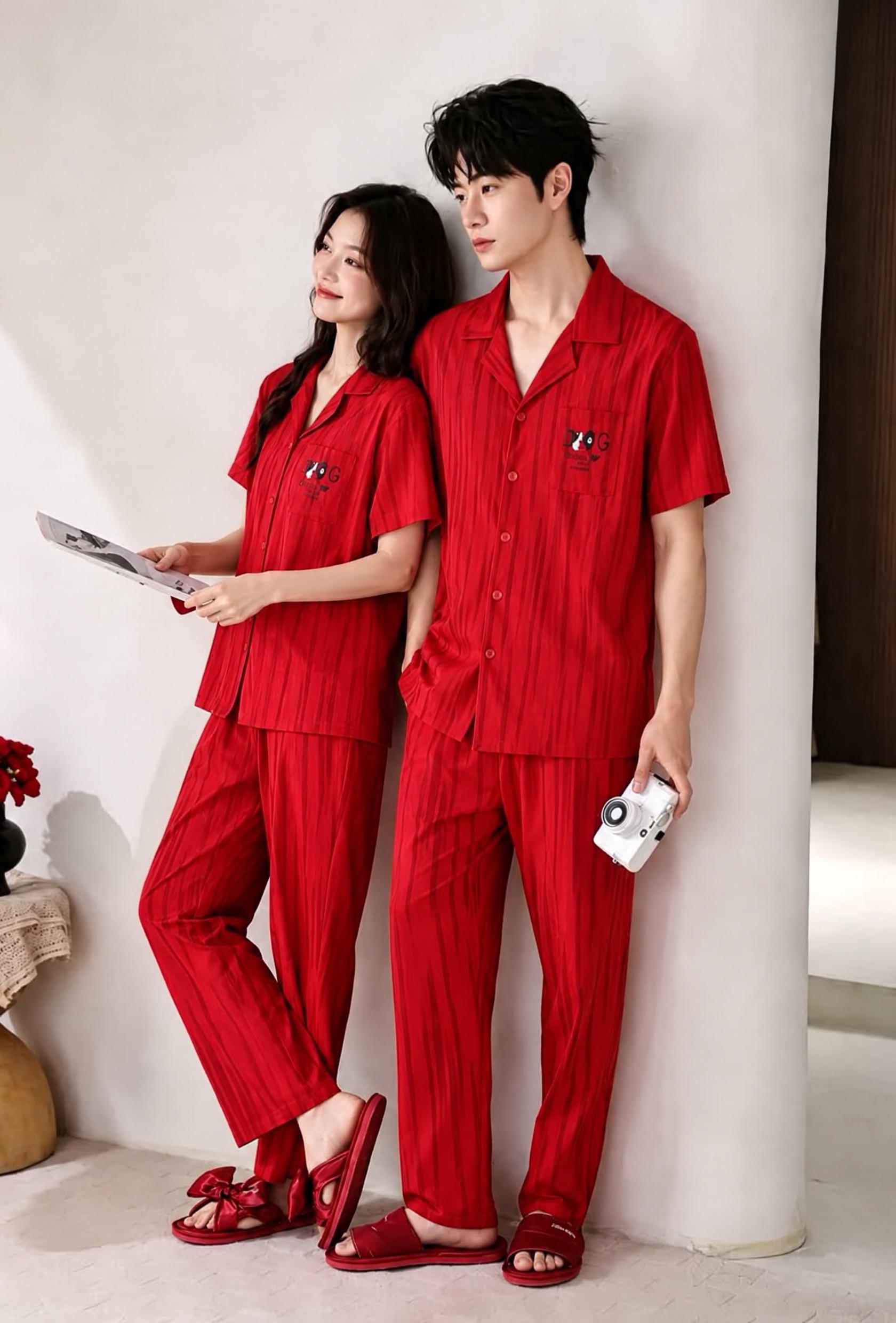将图中男生和女生的红色睡衣长袖全部改为短袖，保持衣服的红色竖条… - 图片创意预览