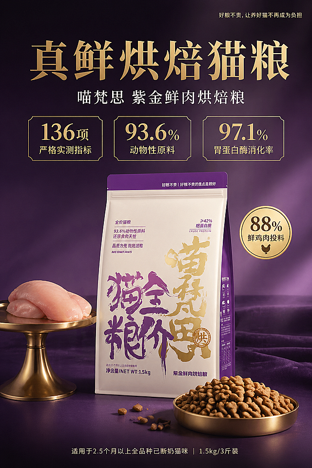 高端电商产品海报，清冷东方高级感风格，整体画面干净留白，采用居中对称构图，色调为低饱和深紫+鎏金渐变，背景为带有丝绒细腻光泽的紫调柔光渐变，无多余杂物，营造静谧高级的轻奢氛围，商业大片质感。主体布局：画面中心居中放置喵梵思紫金鲜肉烘焙猫粮包装袋（白紫底色，带有金色与紫色书法字体），侧方柔和暖光打亮，凸显包装哑光质感与细节；包装袋前方放置一碗烘焙猫粮颗粒，颗粒纹理清晰，带有温润的烘焙质感；左侧金色高脚餐台盛放新鲜粉嫩的鸡胸肉，强化"鲜鸡肉投料"的天然感，不抢主体视线。文字排版（主题+卖点清晰突出）：1. 顶部区域：居中放置超大号鎏金主标题"真鲜烘焙猫粮"，带有细腻金属光泽，字号醒目，视觉冲击力强；主标题下方搭配稍小字号的白色副标题"喵梵思 紫金鲜肉烘焙粮"，简约干净。2. 卖点模块（参考三栏式排版）：在主标题下方居中排列三个核心卖点，每个卖点用鎏金字体+简约线条框呈现，平衡视觉：    - 左栏："136项 严格实测指标"    - 中栏："93.6% 动物性原料"    - 右栏："97.1% 胃蛋白酶消化率"3. 核心卖点强化：在猫粮袋旁点缀一枚鎏金圆形徽章，标注"88%鲜鸡肉投料"，突出核心差异点。4. 辅助信息：画面底部居中用浅白色小字标注"适用于2.5个月以上全品种已断奶猫咪 | 1.5kg/3斤装"；右上角用极小字号标注品牌理念"好粮不贵，让养好猫不再成为负担"，低调不抢视线。光影与质感：整体采用柔和侧方暖光，光影通透，突出产品、食材的细腻质感，无生硬阴影，画面干净通透，4K超高清，无水印，色彩统一高级，传递产品的高端、天然、营养属性。