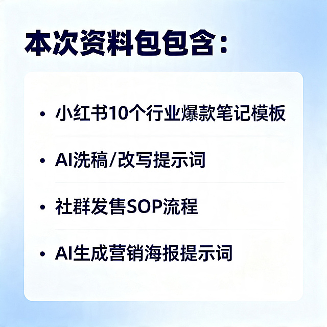 资料清单说明电商主图，标题为"本次资料包包含："，内容依次列出"小红书10个行业爆款笔记模板"、"AI洗稿/改写提示词"、"社群发售SOP流程"、"AI生成营销海报提示词"，简约商务排版，清晰展示每个项目，蓝白配色，干净整洁。