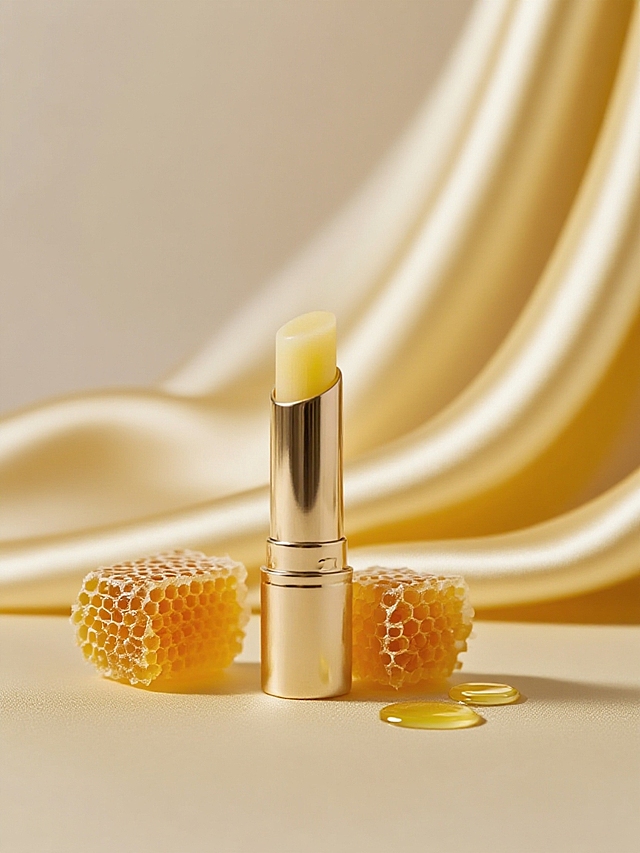 商业静物摄影。主体置于淡黄色丝滑的绸缎上，旁边有一块饱满新鲜的蜂巢蜜、几滴维E油。简约高级的光影。