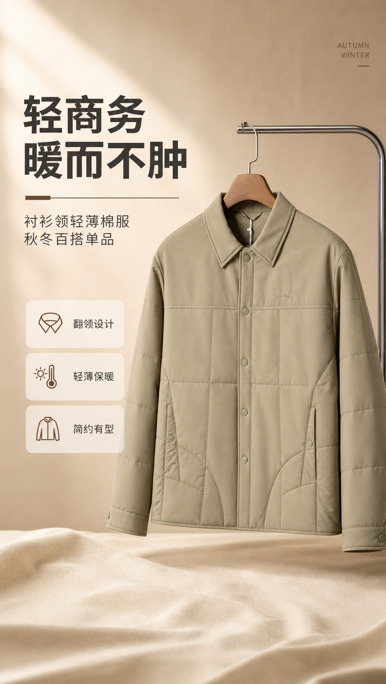 [商品] 使用【图1】卡其色衬衫领轻薄棉服夹克；商品处理：保留… - 图片创意预览