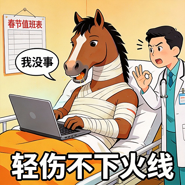 卡通感插画风，拟人化马医生带伤坚守岗位，漫画式幽默表达春节值班主题，温馨又搞笑。