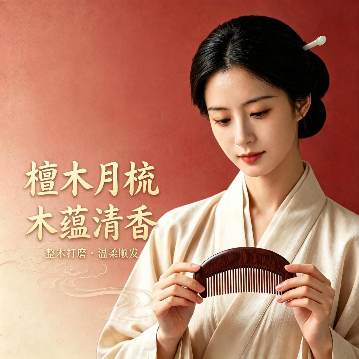 将图中左侧的所有文字（包括"檀木月梳"、"木蕴清香"和"整木打… - 图片创意预览