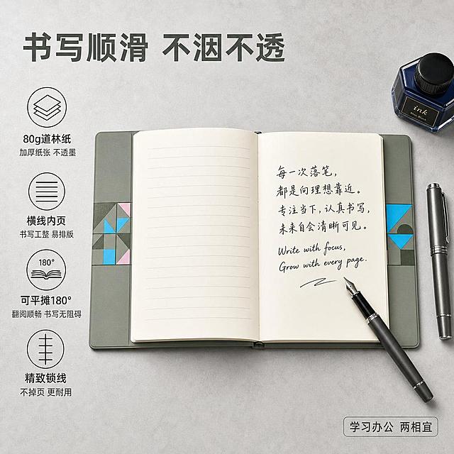[主图-2] 笔记本内部功能分区与书写体验卖点图。
[氛围风格] 简约干净、文艺书写感、信息清晰；
[画质] 商业摄影质感、光线均匀、产品细节清晰、画面整洁高级。
[元素] 画面中央展示一本打开的灰绿色几何拼色PU笔记本，平摊在浅灰色质感桌面上，左右两页自然展开，左页印有淡淡的横线格纹，右页上用黑色钢笔手写了几行优美的中英文字迹（内容为通用励志短句，不可识别具体个人信息），笔尖停在右页下方，墨水色泽均匀。笔记本旁放着一支金属钢笔和一瓶蓝黑色墨水，墨水瓶有柔和反光。**保持笔记本外观（封面PU材质、几何图案颜色形状、整体尺寸比例）与输入产品图一致，内页纸张为米白色道林纸质感，横线均匀，杜绝任何变形和色差**。商品主体占比约70%；画面满屏无边框。
[光影] 顶部柔光箱均匀布光，左右辅光补光，纸面无强烈反光，字迹清晰锐利，笔记本边缘有自然明暗过渡，底部投影柔和，整体干净立体。
[配色] 主色浅灰（桌面背景）；辅色灰绿（笔记本主色）、米白（内页）；强调色蓝黑（墨水字迹）。
[视角构图] 正俯视角度，打开的笔记本居中铺满画面中部，钢笔和墨水瓶分布在左右两侧形成平衡构图，景深较浅，主体清晰。
[文字版式] 左侧垂直排列卖点列表，左对齐留安全边距。顶部大标题「书写顺滑 不洇不透」，灰绿色粗体大号无衬线；下方四个卖点图标+短句垂直排列，图标为简约线性风格：「80g道林纸」「加厚纸张 不透墨」、「横线内页」「书写工整 易排版」、「可平摊180°」「翻阅顺畅 书写无阻碍」、「精致锁线」「不掉页 更耐用」。每个卖点上图标下文字，文字大小约为标题的三分之一，深灰色。右下角小标签「学习办公 两相宜」，浅灰底深灰字。
[输出要求] 1:1比例，文字清晰锐利，超高清商业摄影质感。
[负向提示词] 变形，文字错乱，产品图模糊，背景杂乱，水印，电商平台Logo，多余的手，多余的手指，畸形手，融合手指，手部扭曲，肢体穿模，人物面部扭曲，关节反折。
