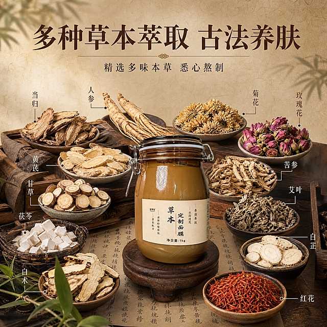 [主图-2] 核心成分解析，展示多种草本萃取原料，强化中药植萃背书。
[统一基调] 整体中药风格，沉稳古朴不花哨，主色调为大地棕、米白、赭石色，点缀草本绿色；主标题用干净宋体，深棕色大字，辅助文字用同体系小字；整体光影柔和自然。
[画面] 画面中心或底部放置妃蜜诗草本面膜玻璃罐产品（保持外观一致），占比约30%；画面上半部分和四周环绕展示多种真实中药材原料，如当归、黄芪、甘草、人参、白术、茯苓、干菊花、玫瑰花等，每种药材用细线引线标注名称；药材摆放自然有层次，像中药铺抓药场景；背景为米黄色宣纸质感或浅木色纹理。
[光影质感] 柔和顶光+侧光，药材纹理清晰，产品玻璃罐质感真实，阴影自然柔和，整体温暖沉稳。
[配色] 主色米黄+大地棕+草本绿，药材本身的自然色彩丰富但不花哨，整体统一在暖棕调中。
[文字版式] 顶部主标题大字：「多种草本萃取 古法养肤」；下方副标题：「精选多味本草 悉心熬制」；每种药材旁标注小字名称；文字排版错落有致，不遮挡产品和主要药材。
[输出要求] 比例1:1，2048x2048，产品与药材清晰，文字可读，中药氛围浓厚；负向：禁止医疗化表达，禁止「温和」二字，禁止夸张功效，禁止错字，禁止花哨配色，禁止水印。
