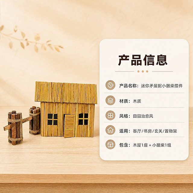 [商品] 使用【图1】迷你矛屋配小捆柴摆件；保留木屋主体、双窗单门、暖黄材质，保留小捆柴麻绳捆扎木桩造型；商品处理：自然修复表面轻微瑕疵，增强木质纹理，不改变整体造型和比例。
[画面] 目标：规格信息，清晰展示产品参数与适用场景。构图：左图右文，左侧产品标准正面照，产品占画面45%，置于浅木色台面上；右侧圆角信息卡区域放规格文字；背景暖米色渐变，简洁干净。景别：中景，正面平视角度。
[视觉] 套系策略：风格=温馨治愈家居风商业摄影；标题字=阿里巴巴普惠体粗体；正文字=阿里巴巴普惠体常规体；主色=暖木黄；背景延展=基于暖木黄做深浅层级、同色渐变和细腻木纹/纸质质感；强调色=奶咖棕，仅用于小面积图标、引线和标签；标题色=深棕褐；正文色=中暖灰；组件=圆角浅底信息卡、细线引线、圆点装饰；光影=左前侧暖柔光，柔和自然阴影。
[文字] 右侧信息卡内主标题「产品信息」，下方列表：「产品名称：迷你矛屋配小捆柴摆件」「材质：木质」「风格：田园治愈风」「适用：客厅/书房/玄关/置物架」「包含：木屋1座 + 小捆柴1组」，文字横向排版，字号保证手机端清晰可读。
[规格] 图片比例1:1方版，4K分辨率，避免变形、错字、文字过小、冷蓝/冷灰背景、产品颜色改变、结构失真、极限词、违禁词、小标致图案、天然/环保/原生态等违规词。