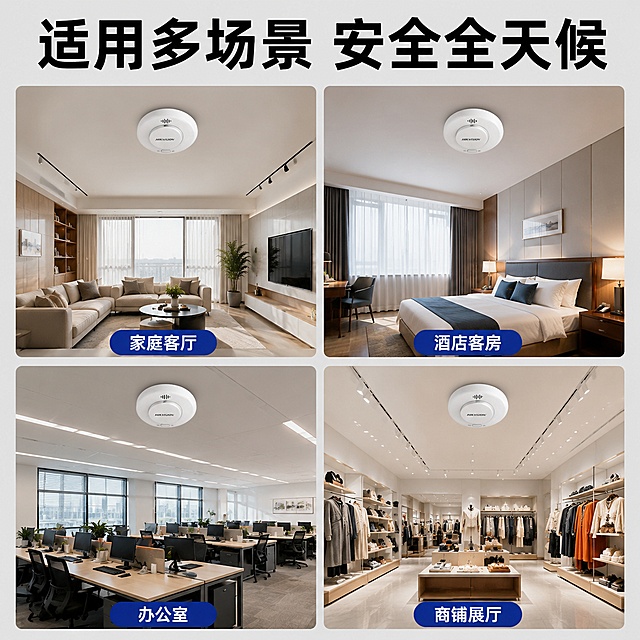 [主图-4] 4G消防烟感报警器多场景适配展示。氛围风格：生活化多场景展示，突出广泛适用性。画质：高清商业拼接摄影，每个小场景清晰自然，光影统一。元素：顶部大标题"适用多场景 安全全天候"，下方四宫格排列四个常见安装场景：家庭客厅、酒店客房、办公室、商铺展厅，每个场景小图中都能看到安装在天花板上的本款烟感报警器，产品外观和颜色与原图保持一致。每个场景小图下方配场景名称标签，清晰标注。保持产品一致性，每个场景中产品比例真实，安装位置自然合理。光影：四个小场景光影统一，都是日常室内明亮光线，自然真实。配色：整体浅灰底色，每个场景真实自然色彩，标签深蓝底白字。视角构图：上下结构，顶部标题+下方四宫格场景，满版排版信息饱满不拥挤。文字版式：顶部大字标题，每个场景下方小字标签，文字大小对比适中，清晰可读。输出要求：1:1 比例，文字清晰锐利，超高清商业摄影质感。负向提示词：变形，文字错乱，产品比例失真，场景杂乱，水印，电商平台Logo。
