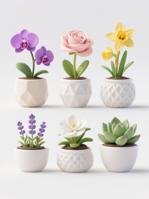 6个不同种类的盆栽植物，包括紫色兰花、浅粉色玫瑰、黄色水仙花、白色栀子花、紫色薰衣草和绿色多肉植物，每个盆栽都有独特的白色或浅色花盆，花盆具有不同的几何纹理和形状，植物形态自然，叶片和花朵细节清晰，色彩鲜艳真实，采用3D渲染风格，白色纯色背景，所有盆栽规整地排列成两行三列的网格布局，整体视觉风格统一，无LOGO、文字和二维码。预览效果