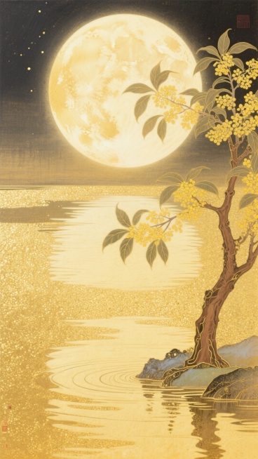 创建一个宁静和梦幻般的插图与柔和，温暖的黄色调色板。在顶部中央有一个巨大的满月，散发出柔和的光芒。在它的下方，描绘了一个平静的水体，完美地反射了月亮，创造了一个对称的金色反射和微妙的涟漪。在水的右边，预览效果