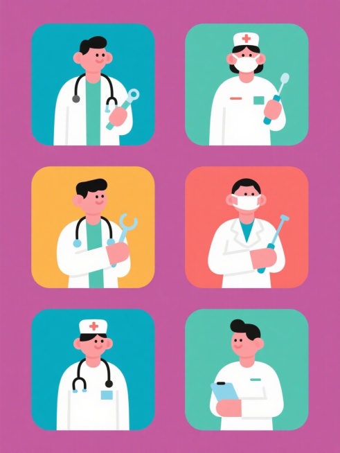 一系列6个医疗职业主题的扁平风格插画，每个插画均以不同纯色背景呈现并变换整体色调，保持相同的圆润线条、简约造型和明亮色块风格，元素类目为医疗相关职业人物，包含穿着不同医疗制服手持专业器具的医护人员，所有插画规整排布成2行3列的网格布局，无文字信息，画面简洁清晰。预览效果