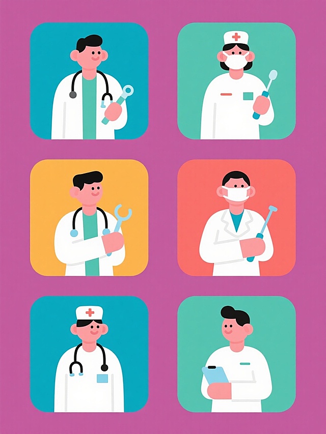 一系列6个医疗职业主题的扁平风格插画，每个插画均以不同纯色背景呈现并变换整体色调，保持相同的圆润线条、简约造型和明亮色块风格，元素类目为医疗相关职业人物，包含穿着不同医疗制服手持专业器具的医护人员，所有插画规整排布成2行3列的网格布局，无文字信息，画面简洁清晰。