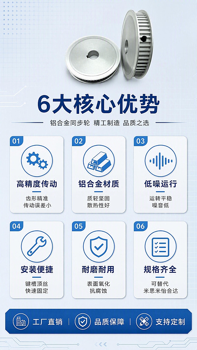 [第2张] 核心卖点总览-铝合金同步轮6大优势icon卡片展示。本张使用【图1】作为产品主体，置于画面顶部，保留产品银色铝合金同步轮结构与输入图一致。
[氛围/风格] 工业专业风，浅灰蓝底色，简洁清晰的信息卡片布局，突出技术参数感。
[元素布局] 顶部为产品小图展示区，同步轮正面+侧面两个角度并排，占比约25%；中部为6个卖点icon卡片，分2排3列排列，每卡含图标+标题+简短说明；底部为品牌信任条；背景为浅灰蓝色+细微网格纹理，体现工业精密感。
[光影质感] 产品区保持金属质感柔光，卡片区平面设计风格，阴影轻微，整体明亮清晰。
[配色色系] 全局底色 #F0F4F8 浅灰蓝；主色 #0A2463 深蓝标题；辅助色 #3E92CC 亮蓝图标、白色卡片底。
[视角构图] 正面俯视排版，阅读动线从上至下：产品展示 → 卖点矩阵 → 底部信任条。
[文字版式] 顶部主标题「6大核心优势」，深蓝色粗黑体居中；6个卖点卡片分别为：1.齿轮图标+「高精度传动」+「齿形精准 传动误差小」2.铝材图标+「铝合金材质」+「质轻坚固 散热性好」3.声波图标+「低噪运行」+「运转平稳 噪音低」4.扳手图标+「安装便捷」+「键槽顶丝 快速固定」5.盾牌图标+「耐磨耐用」+「表面氧化 抗腐蚀」6.清单图标+「规格齐全」+「可替代米思米怡合达」；每卡图标在上，标题居中，说明小字在下；底部信任条「工厂直销 品质保障 支持定制」。
[比例分辨率] 9:16 竖版比例，4K分辨率，文字清晰可辨。
[负向提示词] 产品变形，文字过小，水印，文字错乱，卡片模糊，颜色偏差。
