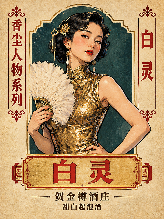 平面酒标设计，香尘人物系列，竖长方形构图。米白色做旧纸张质感背景，复古怀旧。中央是民国百乐门头牌白灵半身像，厚涂国潮插画风格，粗黑轮廓线，浓郁色彩，光影立体感强。名伶穿金色亮片旗袍，手持白色羽毛扇，手叉腰，复古盘发插金饰，戴垂坠耳环，风情万种，面部刻画细致有个性。左侧竖排文字"香尘人物系列"，右侧竖排文字"白灵"。底部金底红字横匾写"白灵"。横匾下方"贺金樽酒庄"，再下方"甜白起泡酒"。平面设计，纯酒标平面稿，无酒瓶