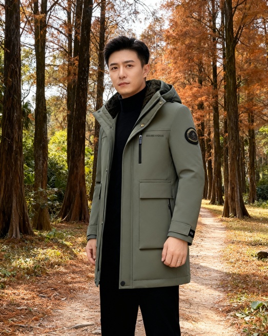 一个中国男性28岁模特穿上图片上的衣服，姿势不同，拍摄风格，五张相似场景的套图，南方户外预览效果