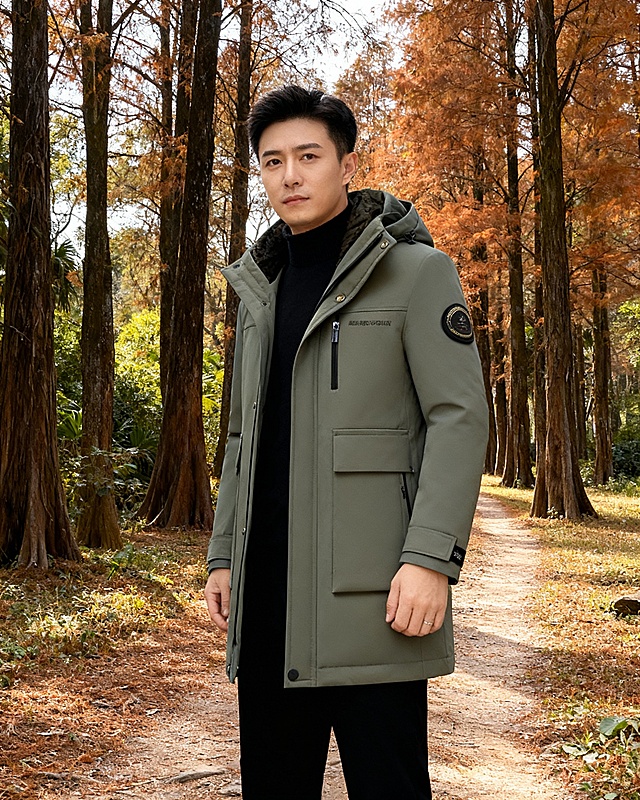 一个中国男性28岁模特穿上图片上的衣服，姿势不同，拍摄风格，五张相似场景的套图，南方户外