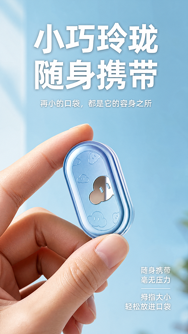 参考[image1]的手持展示风格，生成推牌便携性详情页。使用[image2]蓝色泡芙云推牌产品图，保持产品外观、颜色、结构不变，模仿参考图布局：推牌放在手指拇指之间手持展示，突出产品小巧尺寸。主标题加粗：「小巧玲珑 随身携带」，副标题：「再小的口袋，都是它的容身之所」，右下角文字说明：「随身携带毫无压力 拇指大小 轻松放进口袋」。背景使用浅蓝色渐变，和之前详情页风格保持一致，整体明亮清新，光影真实自然，比例9:16，4K分辨率。负向提示词：变形，产品大小错误，结构错误，文字错乱，水印，背景杂乱