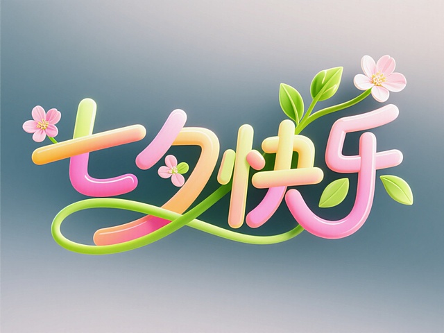 字体标志"七夕快乐"，创意字体设计增加春天相关元素，线条流畅且富有艺术感，活泼童趣，笔画连接交错变形设计，将字体进行抽象变形，高级感