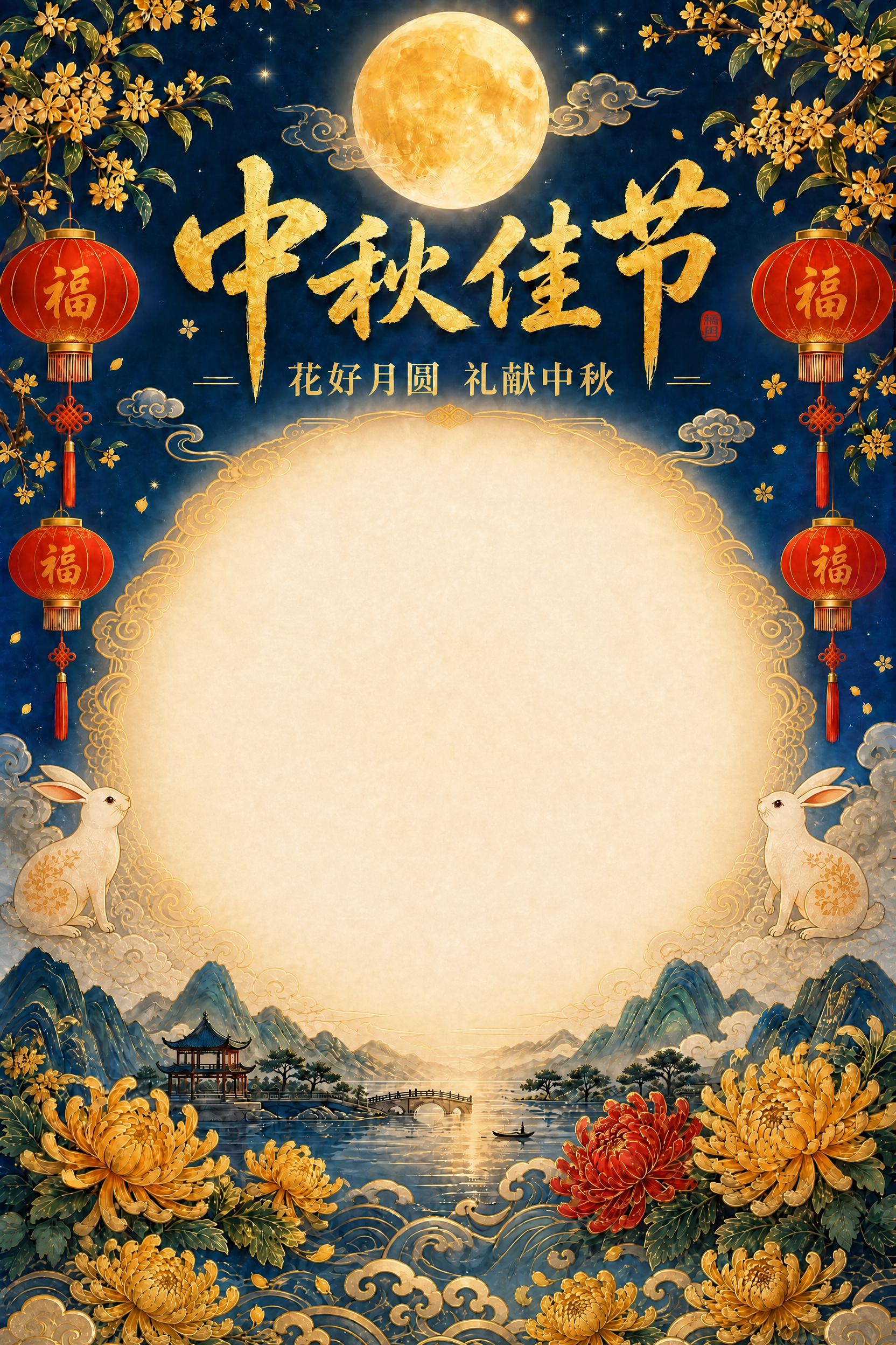 基于这张中秋节海报修改：将画面中央的圆形发光空白区域进一步放大… - 图片创意预览