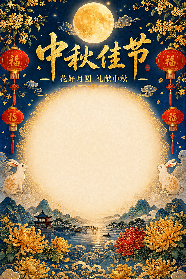 基于这张中秋节海报修改：将画面中央的圆形发光空白区域进一步放大，直径再增大约25%，让奖品放置空间更加宽敞充足。扩大后的中央空白区域边缘仍保留金色祥云纹样和柔和光晕过渡，保持精致美观。两侧的玉兔、祥云装饰随中央区域扩大相应向外侧移动调整，灯笼和桂花枝位置适当上移避让，保持整体构图均衡协调。顶部的圆月、主标题"中秋佳节"、副标题"花好月圆 礼献中秋"保持位置不变。底部的山水、菊花、亭桥和底部装饰图案均保持不变。整体国风新中式工笔风格、色调完全一致。