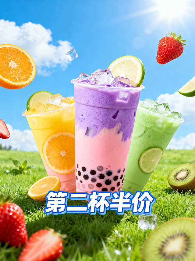 一张清新活泼的夏日奶茶店促销海报。前景是色彩缤纷的奶茶杯（粉色、黄色、紫色、绿色），杯中有珍珠、冰块和水果片。周围漂浮着新鲜水果：橙子、草莓、青柠、猕猴桃。背景是蓝天白云和翠绿的草地，阳光明媚。画面正中央下方显著位置有「第二杯半价」的艺术字。风格明亮、可爱、有夏日清凉感，高画质，竖版构图。