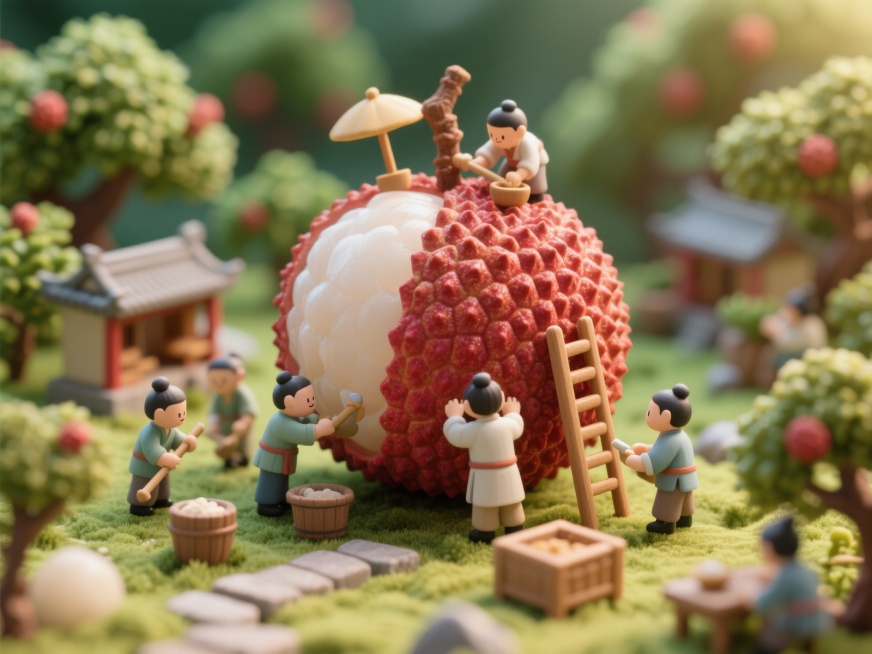 唐朝工人们在一个巨大的荔枝上工作，荔枝园背景预览效果