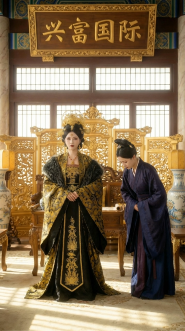 镜头固定，背景中的“兴富国际”匾额保持完全静止。画面开始时，左侧尊贵的女子与右侧侍女同时缓缓转头对视，两人忍不住露出调皮的偷笑表情，眼神充满互动。随后两人迅速同时转向镜头，立刻开始跳起极其滑稽、动感十预览效果