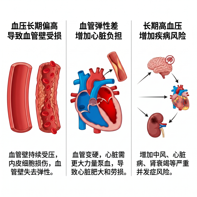 健康科普信息图，背景为纯白色，分为左中右三个部分，从左到右展示高血压对血管的损害过程：左侧为血压长期偏高导致血管壁持续受损失去弹性，中间为血管弹性差导致心脏需要更大力量泵血，右侧为长期高血压增加中风、预览效果