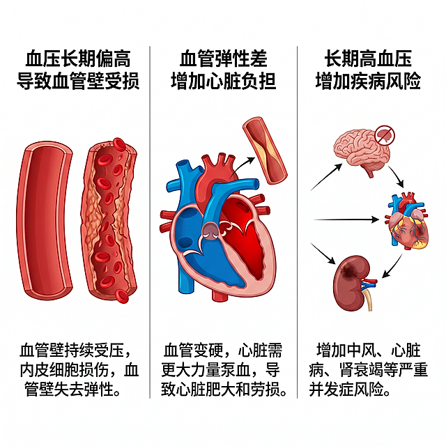 健康科普信息图，背景为纯白色，分为左中右三个部分，从左到右展示高血压对血管的损害过程：左侧为血压长期偏高导致血管壁持续受损失去弹性，中间为血管弹性差导致心脏需要更大力量泵血，右侧为长期高血压增加中风、心脏病、肾衰竭风险，医疗科普风格，清晰图文排版，纯白背景