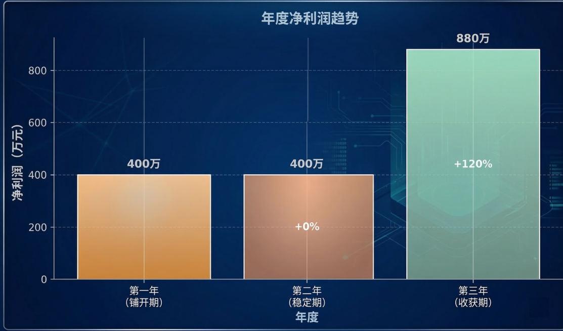 将这张年度净利润趋势柱状图修改为和参考图一样的深蓝商务科技风格，保留原数据和柱状图结构，使用深蓝渐变背景，浅色的文字和柱子，整体风格商务正式预览效果