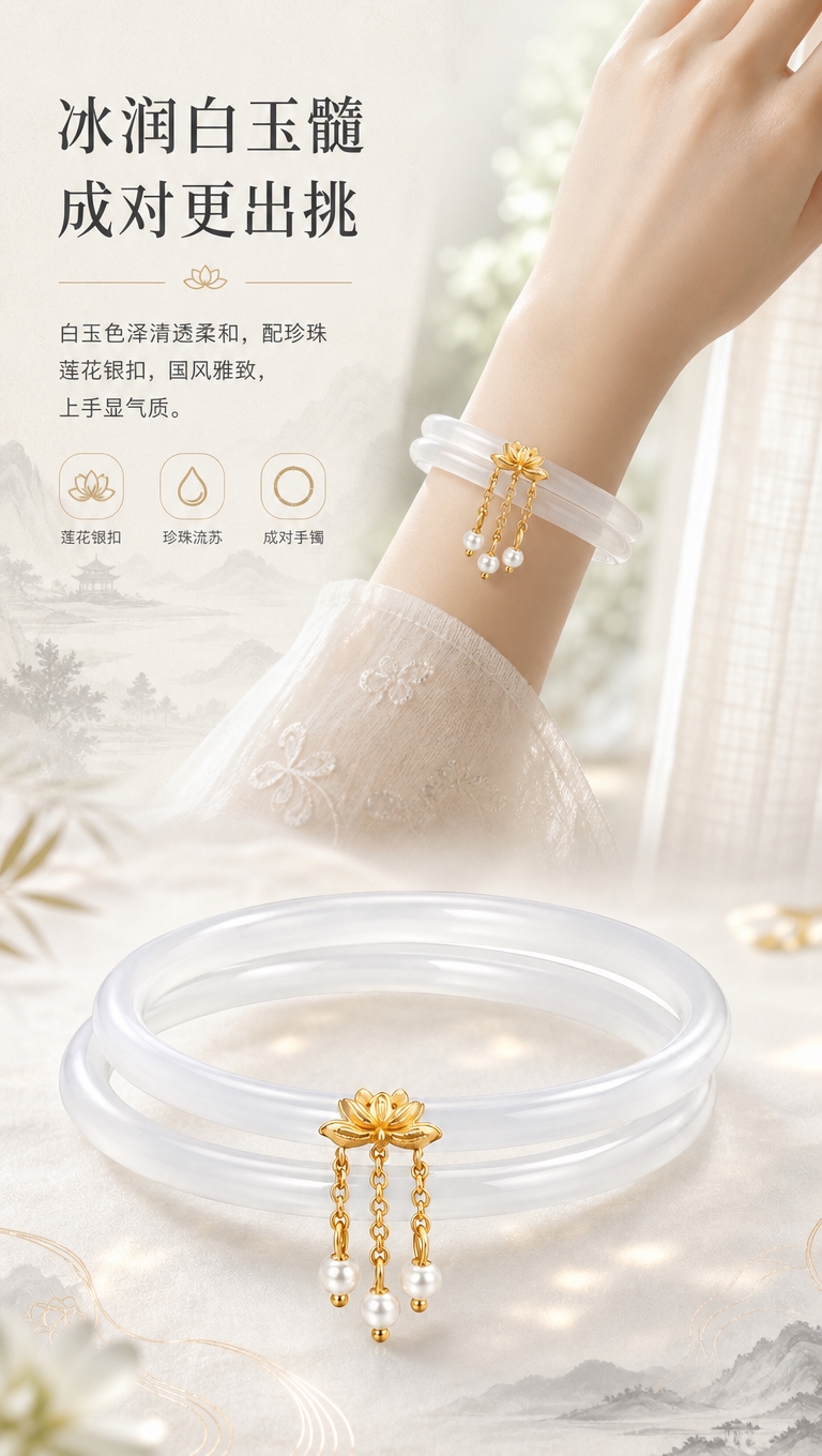 [商品] 使用【图1】冰润白玉髓成对手镯，带珍珠莲花银扣；保留… - 图片创意预览