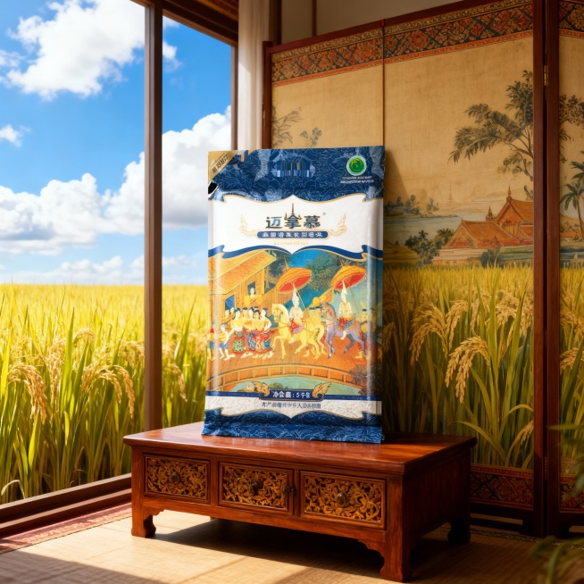 这款产品是泰国原装长粒香米10斤装，帮我生成8张泰国风格的电商主图，室内是泰国风格，整体画面明亮，室内背景以泰国稻田背景，蓝天白云，自然光线预览效果
