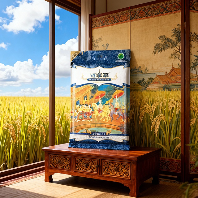 这款产品是泰国原装长粒香米10斤装，帮我生成8张泰国风格的电商主图，室内是泰国风格，整体画面明亮，室内背景以泰国稻田背景，蓝天白云，自然光线