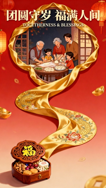 手绘插画风格。底部是一个小小的精美木质雕花点心盒，盒盖上有金色的 “福” 字，盒内装满各种坚果、糖果和传统糕点。从点心盒呈 S 形曲线向上延伸出一条金色刺绣绸缎，丝绸汇聚成顶部的大花窗，整个花窗边缘被预览效果