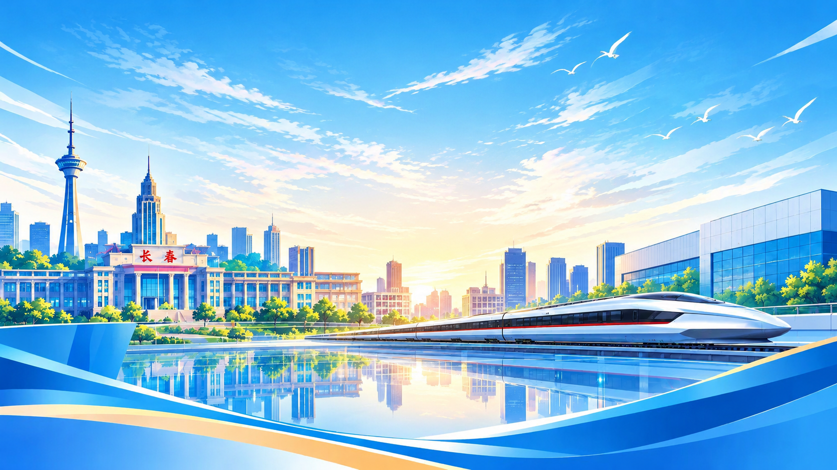 保持原图整体构图、建筑、高铁、水面、前景飘带、树木、飞鸟等所有… - 图片创意预览