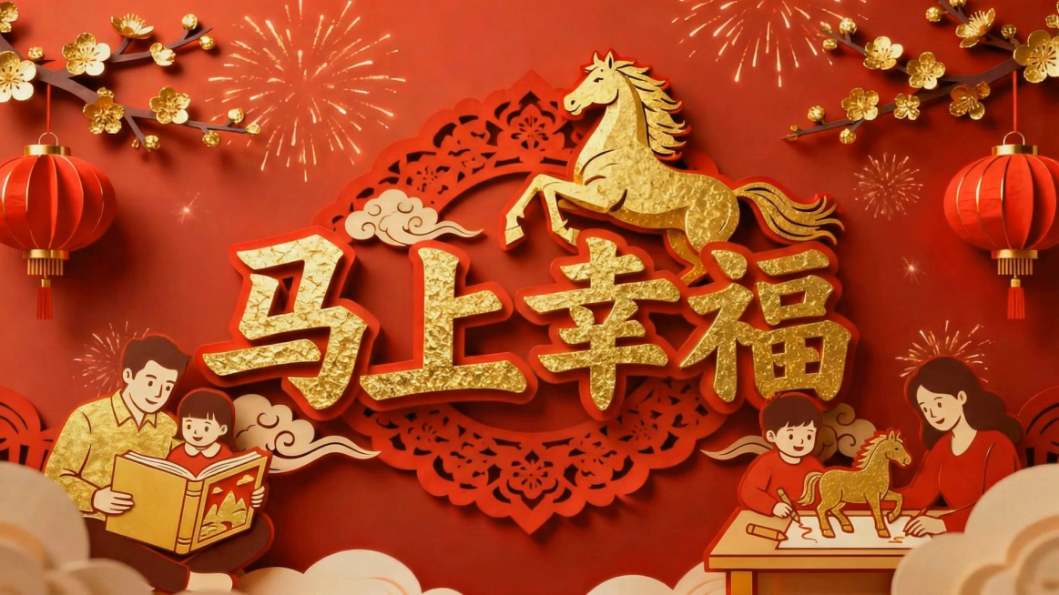 片头动画提示词（适配 “马上幸福” 画面）
基础设定：中式新春红金立体剪纸风，4K 分辨率、60 帧，温馨团圆向马年新春氛围，画面柔和治愈且富有烟火气，全程无大幅度位移与剧烈动作镜头运动：极缓慢向前微预览效果