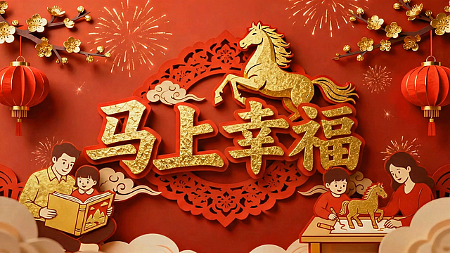 喜庆红金配色，中式剪纸与撕纸风结合，卡通人物温馨互动，插画风格呈现马年春节祝福，鎏金质感字体彰显节日氛围。