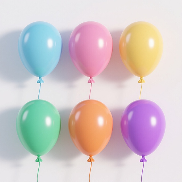 六个完全相同造型的圆形乳胶气球系列素材集合，每个气球保持光滑饱满的3D质感、清晰的高光反射、细长的气球绳和打结的气球口细节，整体画面采用纯色背景，第一个气球为浅蓝色，第二个为粉色，第三个为黄色，第四个为绿色，第五个为橙色，第六个为紫色，所有气球规整地横向等距排布在白色背景上，保持统一的写实风格和光影效果。
