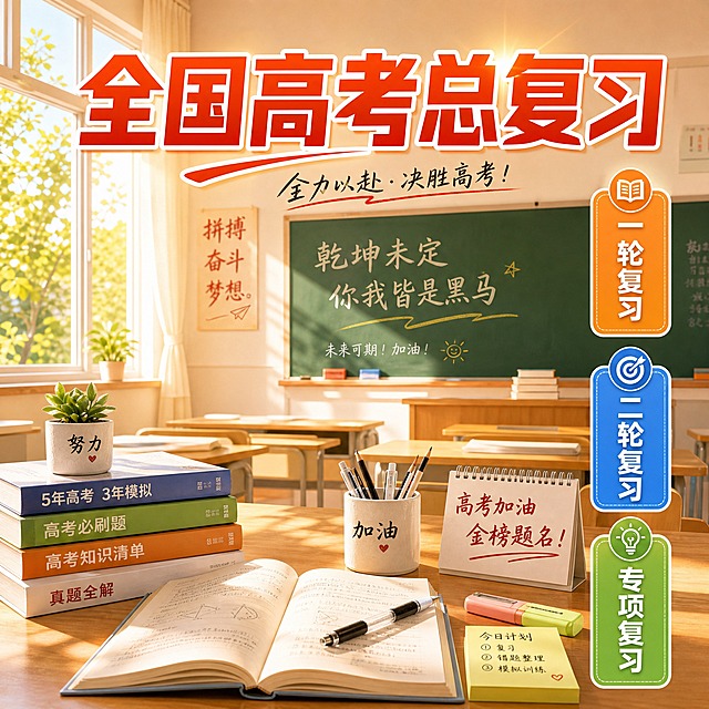 一张高考网课宣传图，背景为明亮的教室场景，阳光透过窗户洒在课桌上，桌面上有书本、文具，温暖的午后阳光氛围。图片上方居中位置用醒目的大字写着"全国高考总复习"，字体清晰有力。图片右侧竖排依次排列三个模块文字，从上到下分别是"一轮复习"、"二轮复习"、"专项复习"，每个文字都清晰可见。整体画面温馨励志，适合教育类宣传使用，构图平衡，色彩明亮温暖。