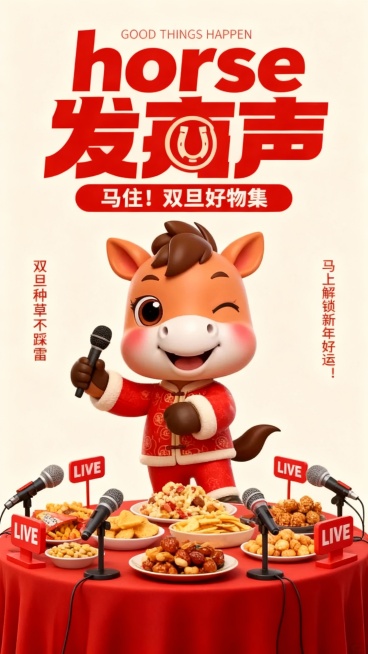 主体是夸张卡通化的拟人马形象（线条粗犷、表情欢快，手持话筒配合采访姿态）。下方铺着红色桌布的圆桌摆放各类图示零食，桌前环绕多支麦克风，点缀带 “LIVE” 标识的红色立牌。浅米色背景，顶部有英文 “G预览效果