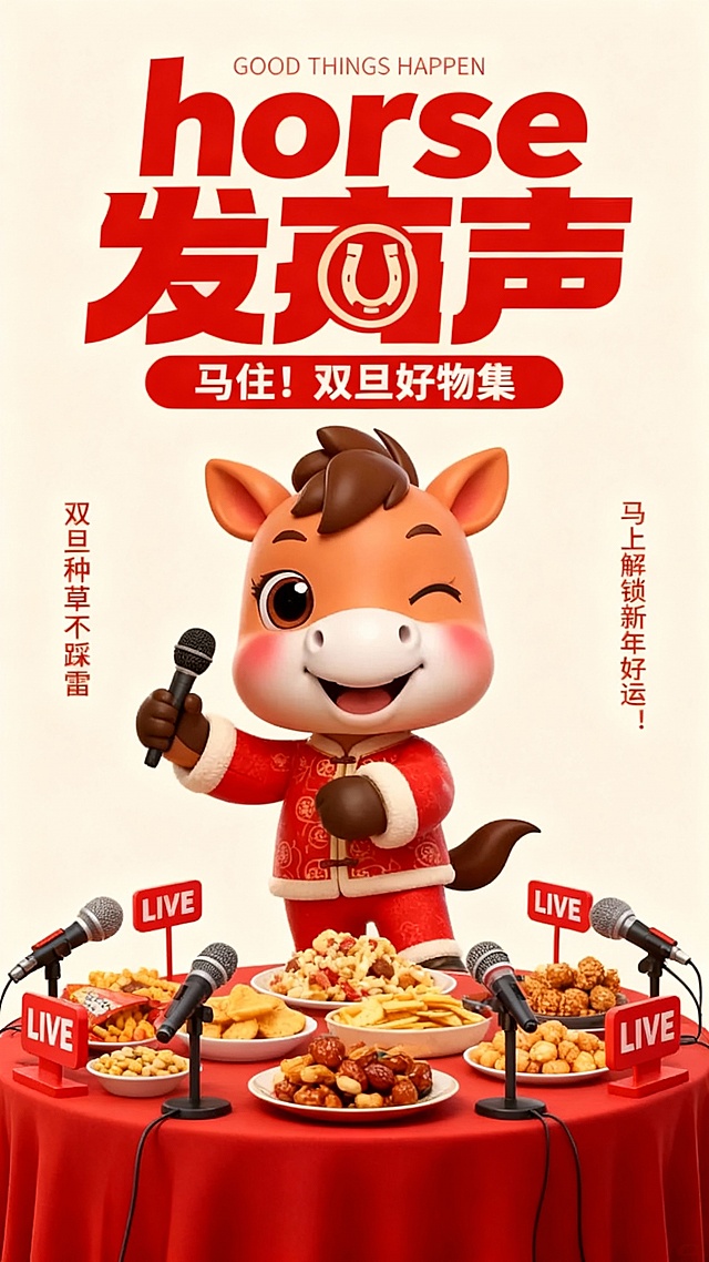 主体是夸张卡通化的拟人马形象（线条粗犷、表情欢快，手持话筒配合采访姿态）。下方铺着红色桌布的圆桌摆放各类图示零食，桌前环绕多支麦克风，点缀带 “LIVE” 标识的红色立牌。浅米色背景，顶部有英文 “GOOD THINGS HAPPEN”，中间是大尺寸主标题 “horse 发声”（ 红色夸张字体 + 内嵌马蹄印图标），下方副标 “马住！双旦好