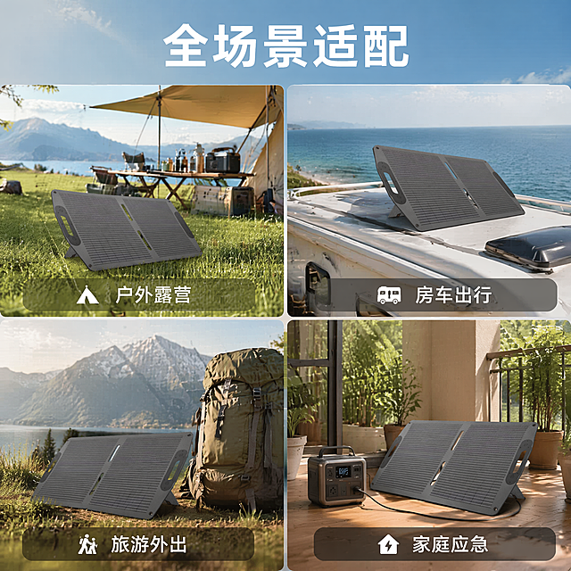 [主图-5] 多户外场景适用展示图；[氛围风格] 自然户外氛围感 真实使用场景；[画质] 高清实景摄影 光线自然通透 画面质感高级；[元素] 采用四宫格布局，四个小场景分别展示：户外露营时太阳能板放置在草坪上充电、房车车顶安装使用场景、外出旅游背包旁放置充电、家庭阳台应急充电场景；每个小场景中太阳能板外观都与输入产品图完全一致，无变形色差；背景自然清新，户外光线明亮舒适；[光影] 自然户外日光，不同场景光线统一为暖调明亮质感，产品表面光影自然真实；[配色] 主色调深灰+户外自然绿+蓝天浅蓝+暖日光金；[视角构图] 四宫格均匀分布，每个场景构图饱满，整体画面平衡协调；[文字版式] 顶部通栏主文案 "全场景适配"，下方四格分别标注 "户外露营" "房车出行" "旅游外出" "家庭应急"，文字为深白色，搭配对应场景小图标，排版整齐清晰；[比例分辨率] 1:1比例，2K分辨率；文字清晰可辨；[负向提示词] 产品变形，场景违和，文字错乱，画面杂乱