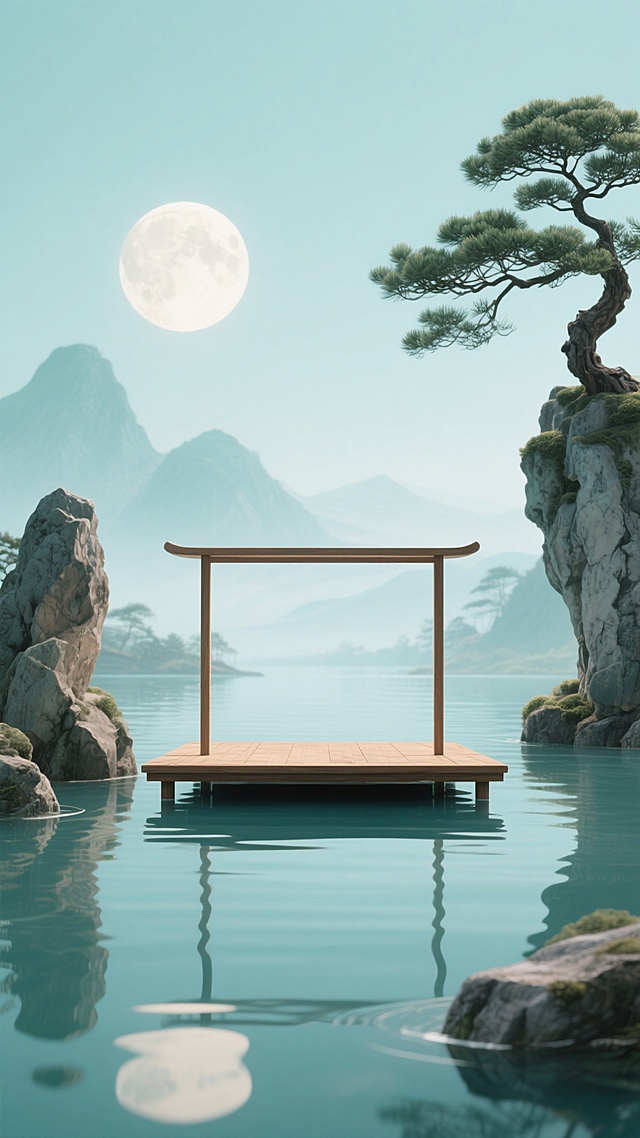 一幅具有东方意境的展台设计插画，画面中央是一个位于水面上的木质展台，展台两侧有造型古朴的岩石，右侧岩石上生长着一棵姿态优美的松树，背景是淡雅的远山和一轮明亮的圆月，整体色调改为清新的蓝绿色调，营造出宁静悠远的氛围，水面倒映着展台和周围景物，光影柔和，具有中国传统山水画的韵味和现代设计感。