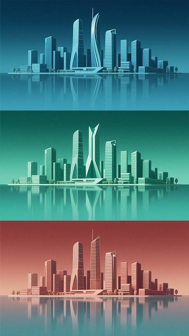 一系列三张现代城市建筑群设计素材，每张均为纯色背景，保持原3D渲染风格、平滑渐变质感、清晰建筑轮廓及水面倒影效果，画面整体色彩分别变换为：第一张深蓝主色调，第二张翠绿主色调，第三张赭石红主色调；每张素材均包含相同的高楼大厦集群元素，建筑群造型在保持现代都市风貌基础上各具特色——第一张以流线型超高层建筑为主，第二张突出几何切割感建筑形态，第三张融入复古未来主义建筑细节；三张素材以横向等距的规整矩阵式排布，形成风格统一、色彩各异、造型有别的系列设计集合，整体呈现简洁大气的商业插画质感，适合作为城市主题的系列宣传物料或背景素材。
