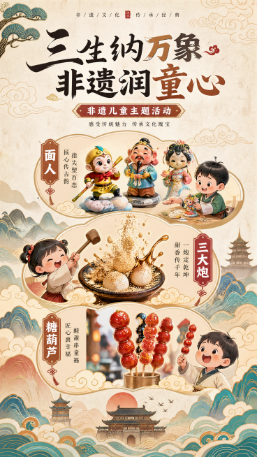 设计一张80X180cm竖式门型展架海报，主题为"三生纳万象 非遗润童心"，展示三项非遗：面人、三大炮、糖葫芦。风格颜色参考提供的参考图，采用米黄宣纸底纹，搭配传统祥云、山水、松树国潮元素，配色为棕褐预览效果